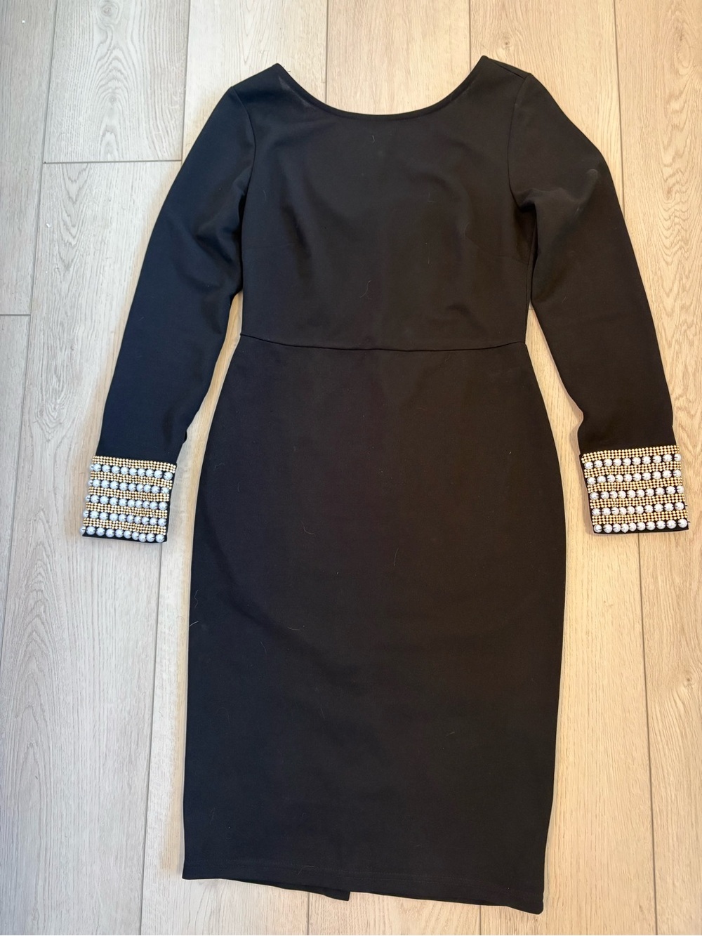 Lulu's Black Long Sleeve Sheath Dress with Pearl & Rhinestone Cuffs